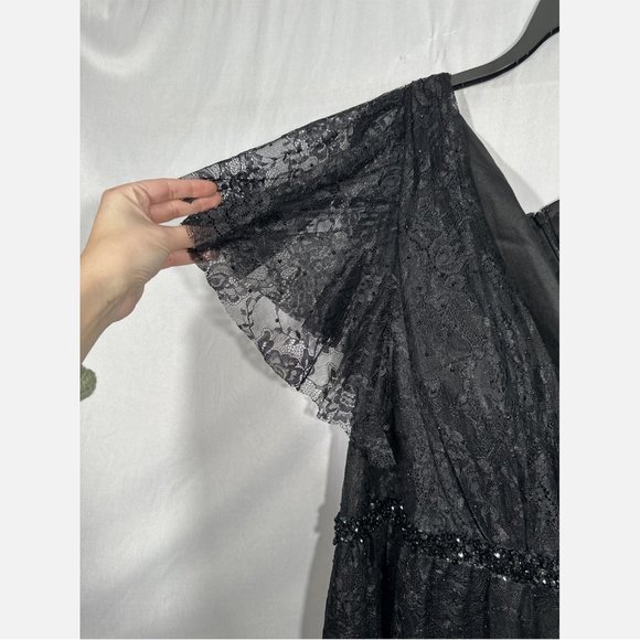 NWT Mac Duggal‎ [ 22W ] Lace Short Sleeve V-Neck Cocktail Midi Dress Black - Picture 6 of 15